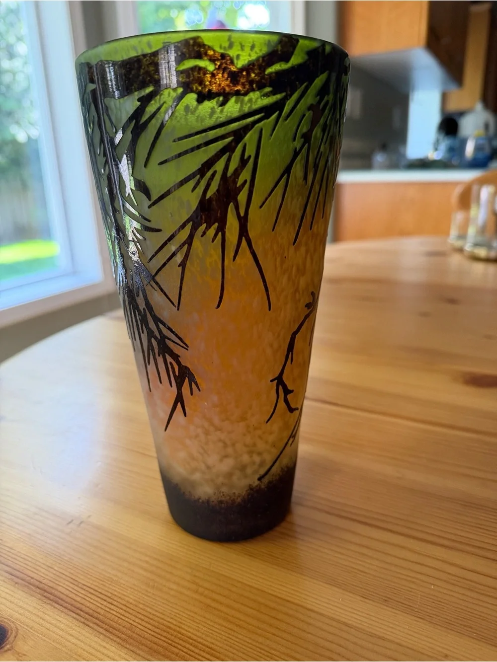 Pinecone Evergreen Art Glass Hurricane Candle Holder Vase 9”
